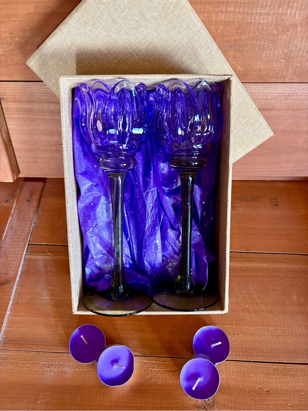 Glass Purple Tulip Tea-Light Candle Holders Set Floral Scalloped Candlesticks